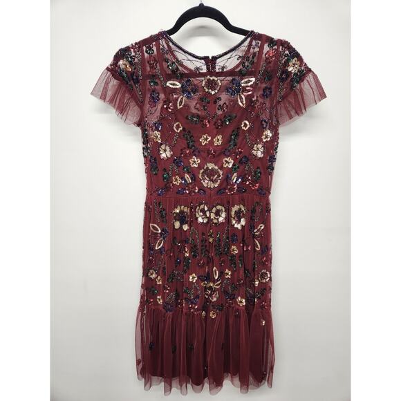Gianni Bini Women's Wendy Burgundy Sequin Mesh Embroidered Floral Dress, Size 0 - Picture 4 of 14